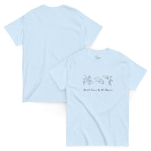 Load image into Gallery viewer, Mockup of a light blue t-shirt with hand-drawn illustrations of squids and calamari on the front, along with the phrase 'Hand-drawn by the Aegean'