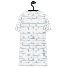 Load image into Gallery viewer, Unisex cotton t-shirt white dress with horizontal navy stripes and hand-drawn marine animal sketches, including octopuses and fish, creating a playful,Greek sea -inspired pattern