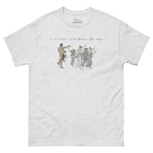 Load image into Gallery viewer, Ash Grey unisex classic cotton T-shirt featuring the text "A Stranger Came From The Sea" with a classical illustration of Odysseus hiding his nudity behind branches while Nausicaa and her attendants look on, inspired by Book VI of Homer's Odyssey.
