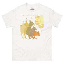 Load image into Gallery viewer, White unisex classic cotton T-shirt featuring the text "Cattle of the Sun" with a warm orange and red classical illustration of the sacred cattle of Helios, inspired by Book XII of Homer's Odyssey.