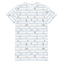 Load image into Gallery viewer, Unisex cotton t-shirt white dress with horizontal navy stripes and hand-drawn marine animal sketches, including octopuses and fish, creating a playful,Greek sea -inspired pattern