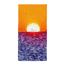 Load image into Gallery viewer, Elegant beach towel inspired by an Aegean Sea sunrise, featuring warm sunset tones and soft premium fabric