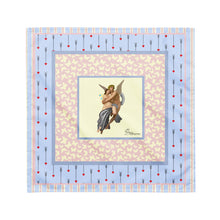 Load image into Gallery viewer, Product mockup Blue and pink patterned medium bandana featuring hand-drawn artwork inspired by Bouguereau’s Eros and Psyche, highlighting the Greek myth of love