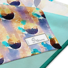 Load image into Gallery viewer, Bandana featuring an artwork of an aerial view of a Greek beach, with blue sea, golden sand, and umbrellas.