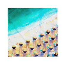 Load image into Gallery viewer, Bandana featuring an artwork of an aerial view of a Greek beach, with blue sea, golden sand, and umbrellas.