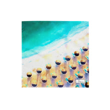 Load image into Gallery viewer, Bandana featuring an artwork of an aerial view of a Greek beach, with blue sea, golden sand, and umbrellas.