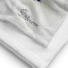 Load image into Gallery viewer, Cozy beach towel inspired by a secluded Greek beach, styled under an umbrella on a quiet, planning shoreline