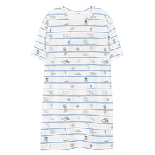 Load image into Gallery viewer, Unisex cotton t-shirt white dress with horizontal navy stripes and hand-drawn marine animal sketches, including octopuses and fish, creating a playful,Greek sea -inspired pattern