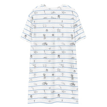 Load image into Gallery viewer, Back of Unisex cotton t-shirt white dress with horizontal navy stripes and hand-drawn marine animal sketches, including octopuses and fish, creating a playful,Greek sea -inspired pattern