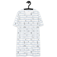 Load image into Gallery viewer, Unisex cotton t-shirt white dress with horizontal navy stripes and hand-drawn marine animal sketches, including octopuses and fish, creating a playful,Greek sea -inspired pattern