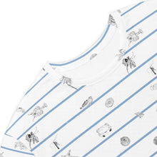 Load image into Gallery viewer, Detail close-up of Unisex cotton t-shirt white dress with horizontal navy stripes and hand-drawn marine animal sketches, including octopuses and fish, creating a playful,Greek sea -inspired pattern