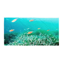 Load image into Gallery viewer, Premium beach towel inspired by Greece’s underwater world, featuring ocean-themed design and soft fabric