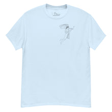 Load image into Gallery viewer, Light blue t-shirt with hand-drawn Eros playing the flute, inspired by Athenian red-figure lekythos, 5th century BC