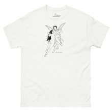 Load image into Gallery viewer, White t-shirt with hand-drawn Cupid and Psyche sketch inspired by Bouguereau’s romantic art