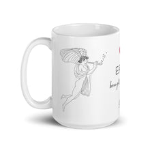 Load image into Gallery viewer, White ceramic mug with hand-drawn Eros illustrations and the inscription “Eros brought us together”