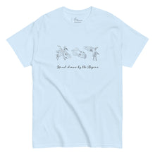 Load image into Gallery viewer, Mockup of a light blue t-shirt with hand-drawn illustrations of squids and calamari on the front, along with the phrase &#39;Hand-drawn by the Aegean&#39;
