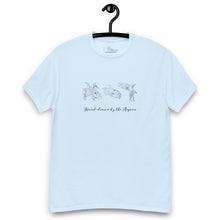 Load image into Gallery viewer, Mockup of a light blue t-shirt with hand-drawn illustrations of squids and calamari on the front, along with the phrase &#39;Hand-drawn by the Aegean&#39;

