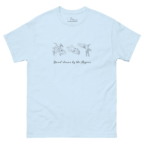 Mockup of a light blue t-shirt with hand-drawn illustrations of squids and calamari on the front, along with the phrase 'Hand-drawn by the Aegean'