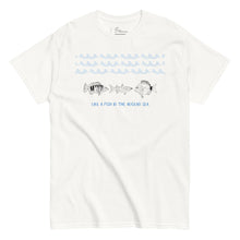 Load image into Gallery viewer, White t-shirt with hand-drawn sketches of three Aegean fish , comber (χάνος), mullet (κεφαλάς), and seabream (σπάρος), and the phrase &#39;like a fish in the Aegean Sea&#39; printed on the front.

