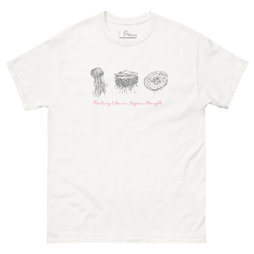 Mockup of a white t-shirt displayed flat, featuring minimalist line art of jellyfish and the phrase 'Floating like an Aegean thought' on the front