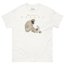 Load image into Gallery viewer, White unisex classic cotton T-shirt featuring the phrase "My Name Is Nobody" with a classical illustration of Odysseus confronting the Cyclops Polyphemus, inspired by Book IX of Homer's Odyssey.
