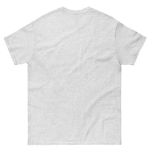 Load image into Gallery viewer, back of Ash Grey unisex classic cotton T-shirt featuring the text "A Stranger Came From The Sea" with a classical illustration of Odysseus hiding his nudity behind branches while Nausicaa and her attendants look on, inspired by Book VI of Homer's Odyssey.
