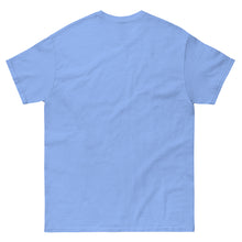 Load image into Gallery viewer, Back of Carolina blue unisex classic cotton T-shirt featuring the text "Longing for Ithaca" with a classical illustration of Calypso supporting Odysseus
