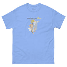 Load image into Gallery viewer, Carolina blue unisex classic cotton T-shirt featuring the text "Longing for Ithaca" with a classical illustration of Calypso supporting Odysseus as he looks toward the horizon, inspired by Book V of Homer's Odyssey.
