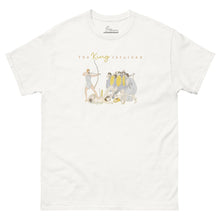 Load image into Gallery viewer, White unisex classic cotton T-shirt featuring the text "The King Returned" with a classical illustration of Odysseus fighting the suitors in his palace, inspired by Book XXII of Homer's Odyssey.
