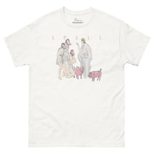 Load image into Gallery viewer, White unisex classic cotton T-shirt featuring the text "Spell" with a classical illustration of Circe and enchanted pigs, inspired by Book X of Homer's Odyssey and the magical encounter with Odysseus.
