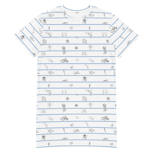 Unisex cotton t-shirt white dress with horizontal navy stripes and hand-drawn marine animal sketches, including octopuses and fish, creating a playful,Greek sea -inspired pattern