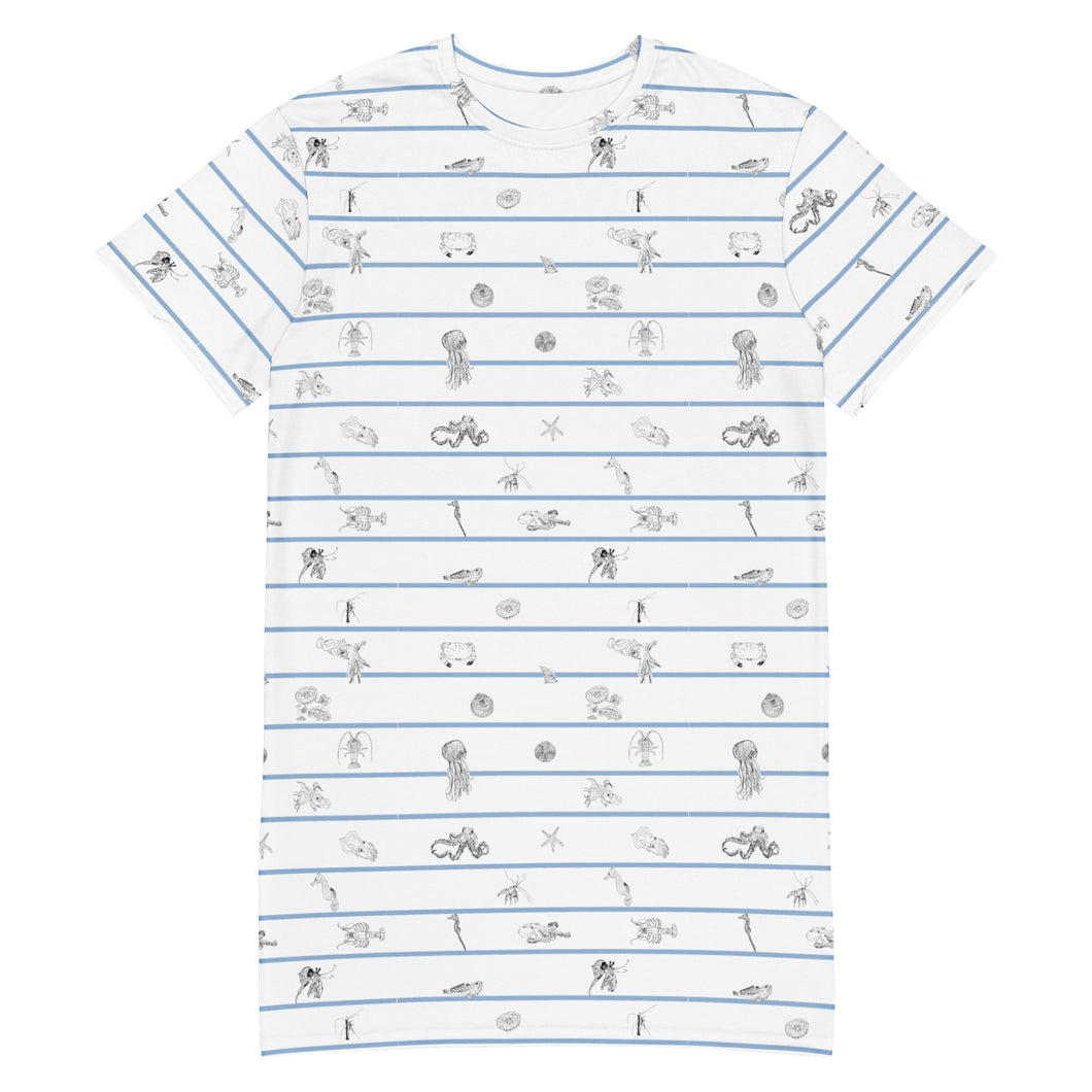 Unisex cotton t-shirt white dress with horizontal navy stripes and hand-drawn marine animal sketches, including octopuses and fish, creating a playful,Greek sea -inspired pattern