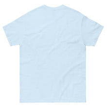 Load image into Gallery viewer, Back of light blue t-shirt featuring minimalist line drawings of clams (achivades) and sea snails, with the phrase &#39;I know what the sea whispers&#39; printed on the front.
