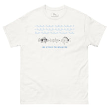 Load image into Gallery viewer, White t-shirt with hand-drawn sketches of three Aegean fish, comber (χάνος), mullet (κεφαλάς), and seabream (σπάρος), and the phrase &#39;like a fish in the Aegean Sea&#39; printed on the front.
