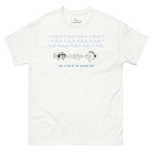 White t-shirt with hand-drawn sketches of three Aegean fish, comber (χάνος), mullet (κεφαλάς), and seabream (σπάρος), and the phrase 'like a fish in the Aegean Sea' printed on the front.