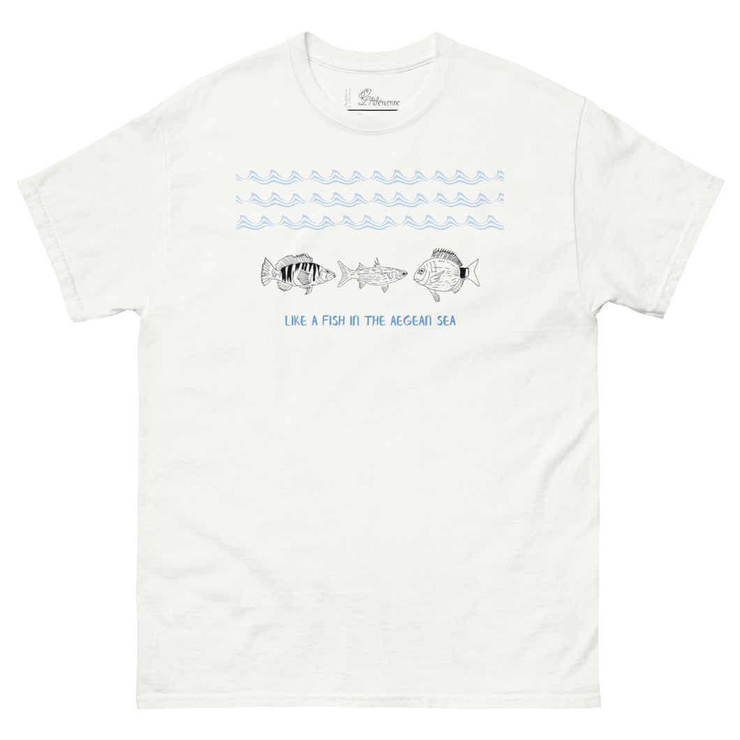 White t-shirt with hand-drawn sketches of three Aegean fish, comber (χάνος), mullet (κεφαλάς), and seabream (σπάρος), and the phrase 'like a fish in the Aegean Sea' printed on the front.