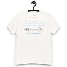 Load image into Gallery viewer, White t-shirt with hand-drawn sketches of three Aegean fish, comber (χάνος), mullet (κεφαλάς), and seabream (σπάρος, and the phrase &#39;like a fish in the Aegean Sea&#39; printed on the front.
