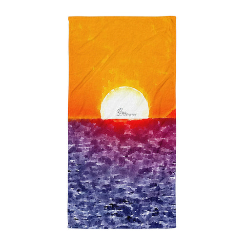 Elegant beach towel inspired by an Aegean Sea sunrise, featuring warm sunset tones and soft premium fabric 