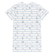 Load image into Gallery viewer, Unisex cotton t-shirt white dress with horizontal navy stripes and hand-drawn marine animal sketches, including octopuses and fish, creating a playful,Greek sea -inspired pattern
