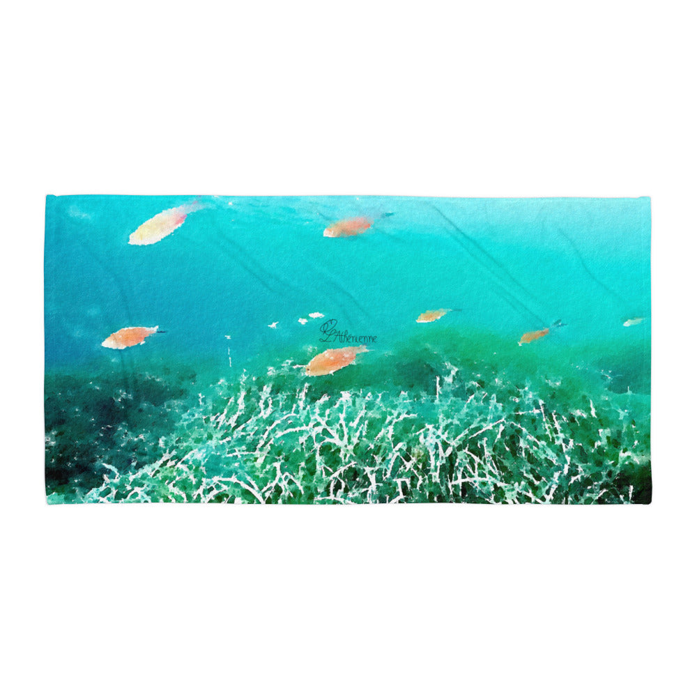 Premium beach towel inspired by Greece’s underwater world, featuring ocean-themed design and soft fabric 