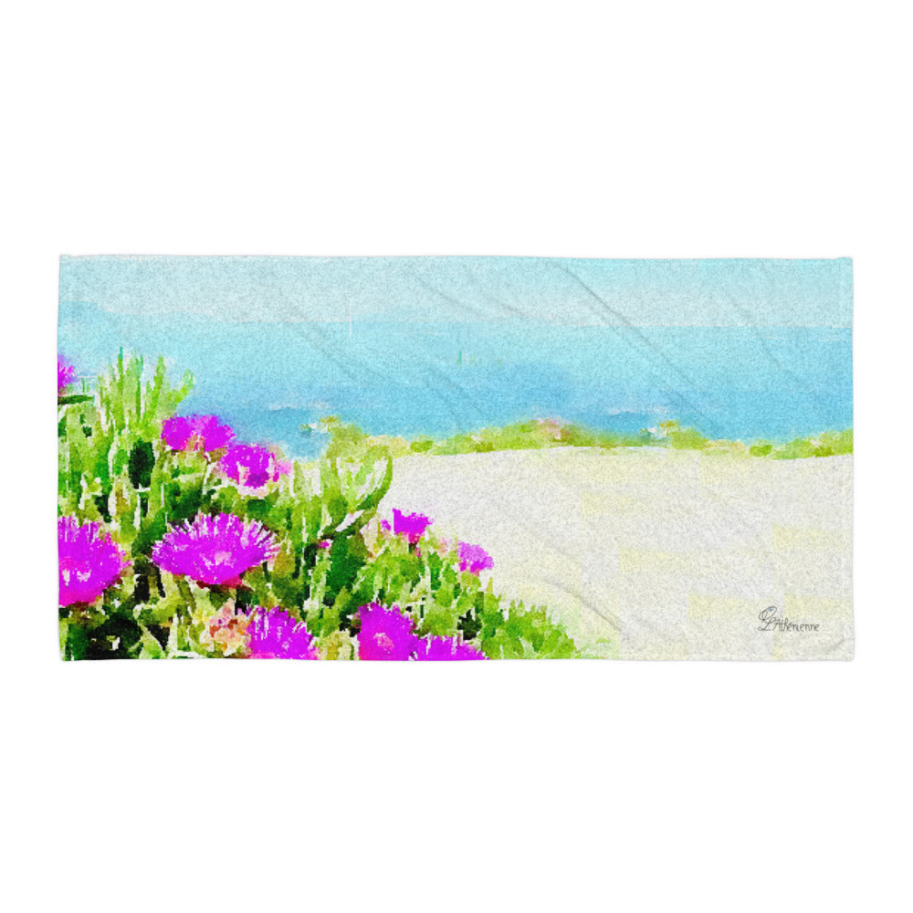 Beach towel inspired by the Violet Ice Plant, featuring vibrant pink floral patterns and soft fabric