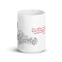 Load image into Gallery viewer, Close-up of hand-drawn psyche artwork and poetic Eros quote on a white coffee mug
