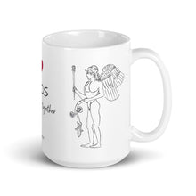 Load image into Gallery viewer, Romantic Valentine’s Day mug featuring Eros drawings and love inscription on white ceramic
