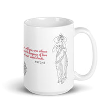 Load image into Gallery viewer, Romantic white mug featuring love poetry inscription about Eros and silent love, perfect Valentine’s gift
